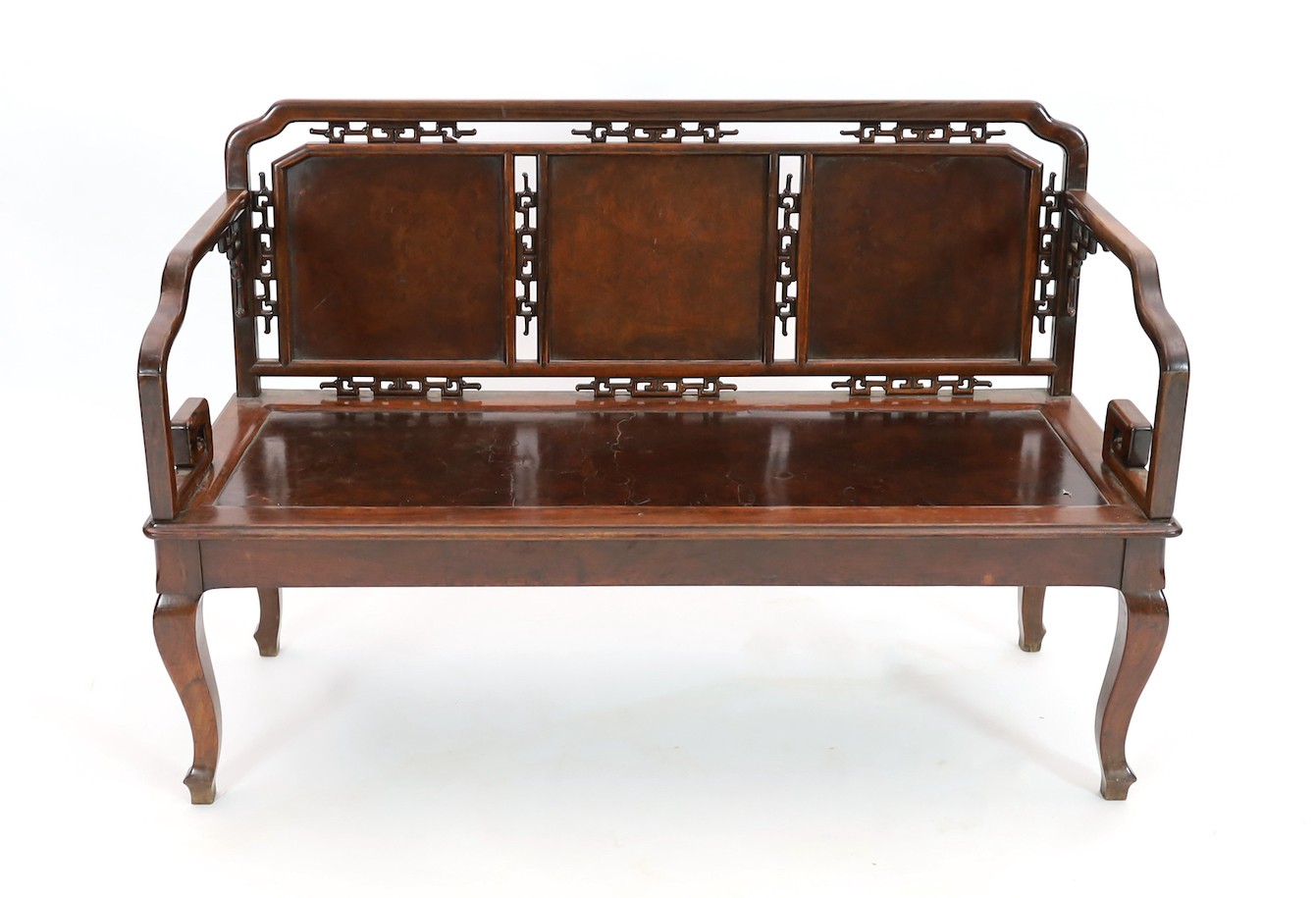 A Chinese huanghuali and burr wood bench seat, width 140cm, depth 50cm, height 90cm